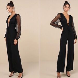 Lulu's Black Plunging Sheer-Sleeve Wide-Leg Jumpsuit